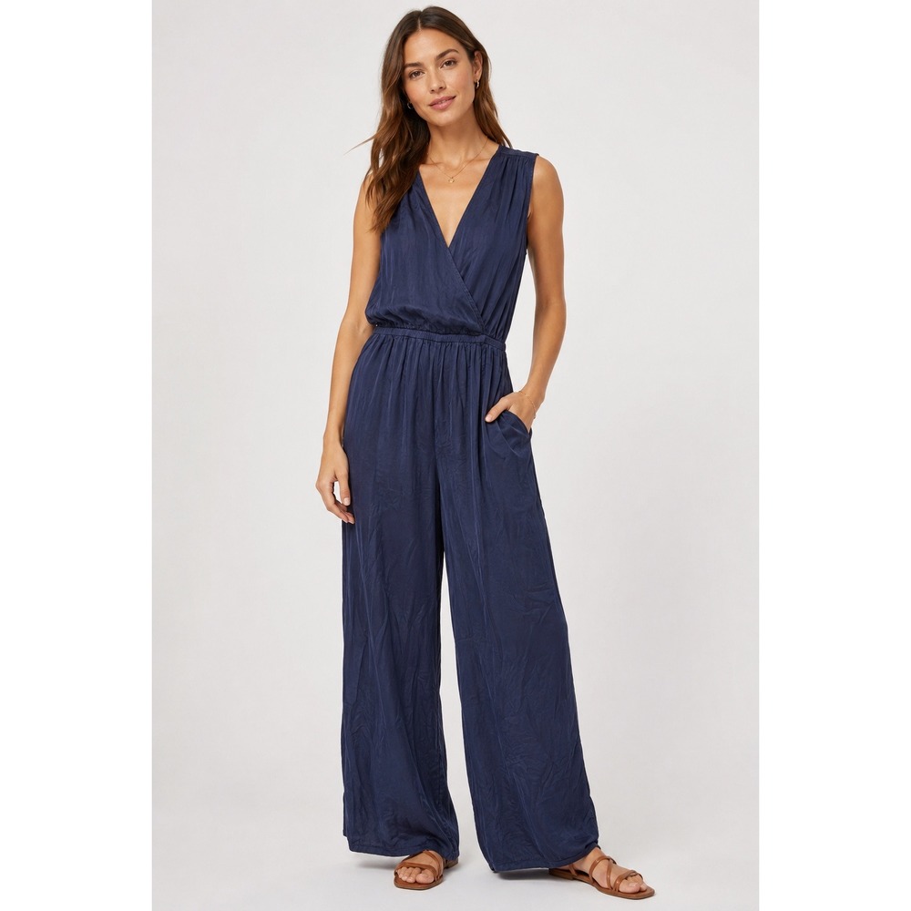 Nation LTD Navy Blue Viscose Sleeveless Wide Leg‎ Jumpsuit Made in USA- M